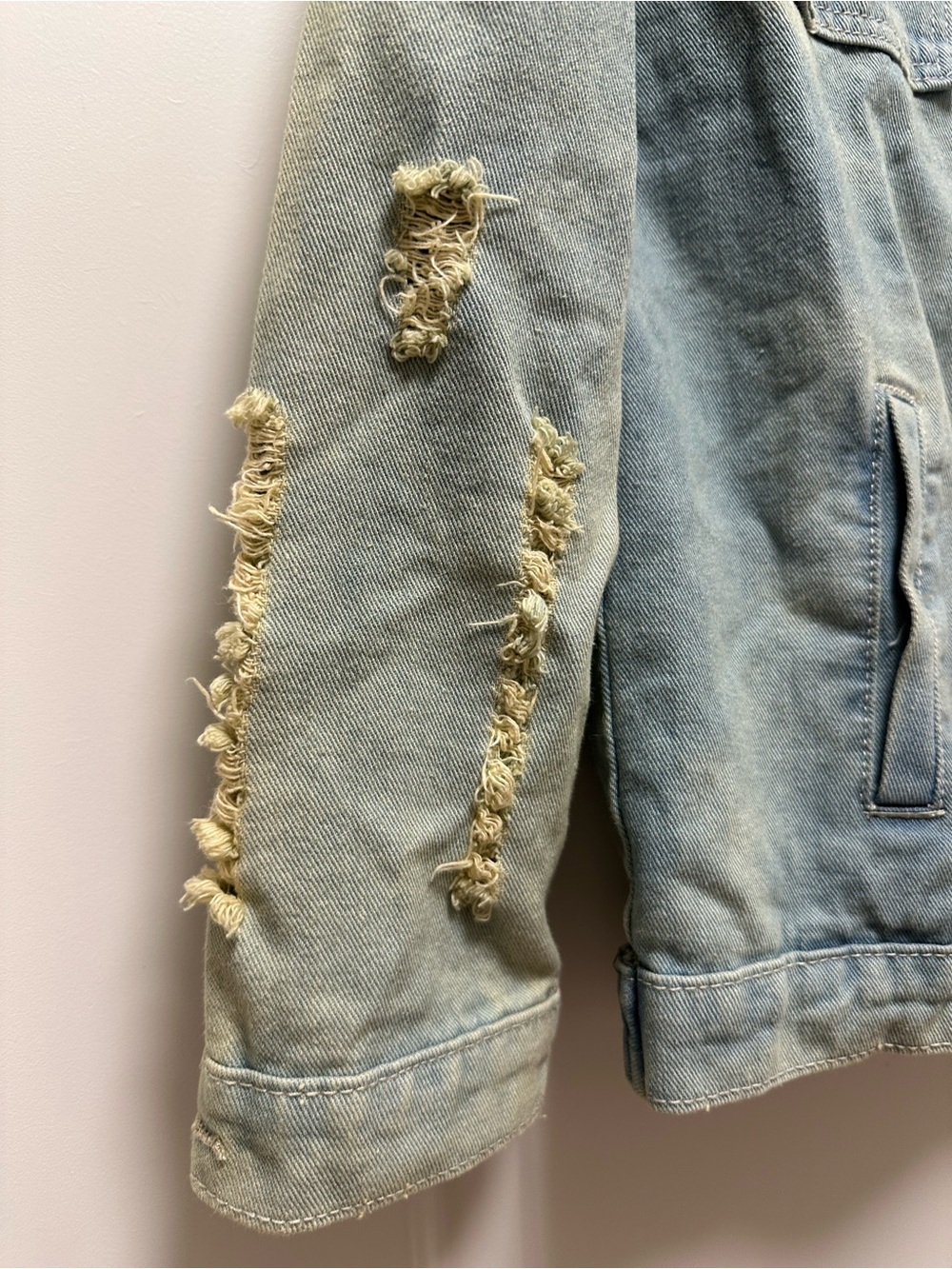 Light Blue Distressed Denim Jean Jacket with Graphic Print - Picture 4 of 4